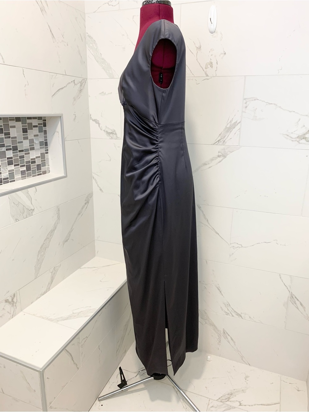 Lauren Ralph Lauren Satin V-Neck Evening Dress Gray 12 - Picture 12 of 16